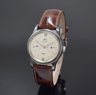 UNIVERSAL GENEVE Kalenderarmbanduhr im neutralen Silbergehäuse, Schweiz um 1945 / 1990, Handaufzug, beids. vergl. Sterlingsilber Gehäuse, seitl. ...