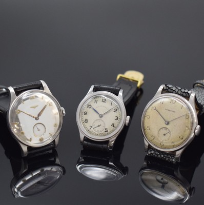 LONGINES 3 Armbanduhren in Stahl, Schweiz ca. 1942-1953, verg. Werke, 1) gedr. Geh., Zifferbl. rest., Kaliber 12.68Z, 15 Steine, Komp.-Unruh, D. ca. ...
