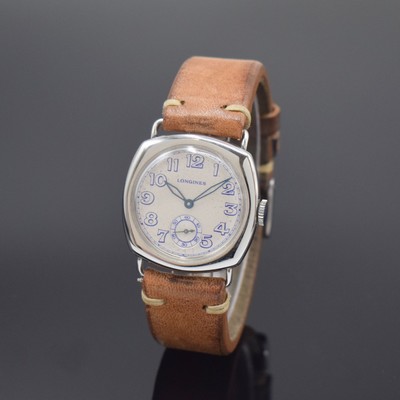 LONGINES Referenz L7 882 4 limitierte Armbanduhr in Stahl, Schweiz um 2010, Handaufzug, gedr. Carré-Cambré Geh., silb. Zifferbl., blaue ...