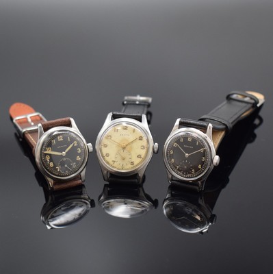 ZENITH 3 verschraubte Armbanduhren in Stahl, Schweiz um 1945, Handaufzug, verg. Werke Kaliber 106, 15 Steine, Gluc.-Unruh, 1.) schwarzes Glanzblatt ...
