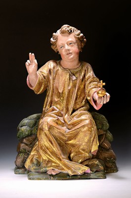 Christus als Salvator mundi, deutsch, 19.Jh. , Holz, vollplastisch geschnitzt, gefasst und vergoldet, Christus als Jüngling auf einem Fels sitzend, ...