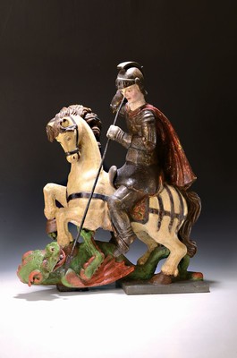 Heiliger Georg als Drachentöter, süddeutsch, 19.Jh., Vollholz geschnitzt, polychrom gefasst, Metalllanze, Georg als Triumphator über den Drachen, ...