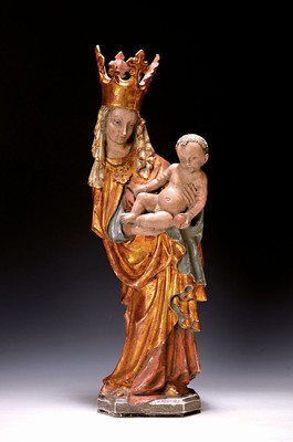 Heiligenfigur, Mutter Gottes mit Jesuskind, wohl süddeutsch, 20. Jh., Lindenholz geschnitzt und vergoldet, H. 54 cm
