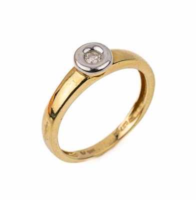 14 kt Gold Brillant-Ring, GG/WG 585/000, einzelner in WG gefasster Brillant ca. 0.07 ct(grav.) get.Weiß/si, RW 52, ca. 2.1 g