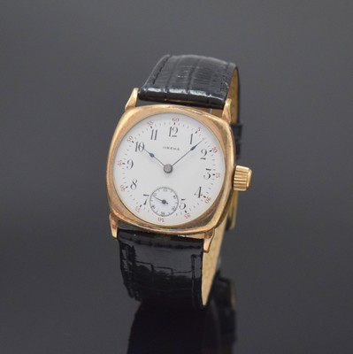 OMEGA frühe vergoldete Armbanduhr für den amerikanischen Markt, Schweiz / USA um 1910, Handaufzug, 3-tlg. Carré-Cambré-Geh., Boden u. Glasrand ...