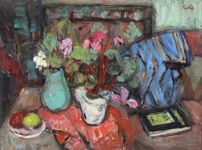 Ilona Tallos, 1918-1991, Stillleben mit Obst, Blumentopf und Buch, Öl/Lwd, rechts oben sign. Tallos, ca. 60x80cm, R. ca. 78x98cm