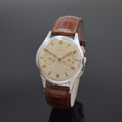 ZENITH Kaliber 143-6 Schaltradchronograph in Stahl, Schweiz um 1950, Handaufzug, 3-tlg. Geh., Boden u. Glasrand aufgedr., silb. Zifferbl. pat., gold. ...