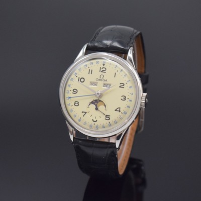 OMEGA seltene, astronomische Herrenarmbanduhr Serie Cosmic Referenz 2486-1, Handaufzug, Schweiz um 1953, 3-teil. Edelstahlgeh., Boden und Glasrand ...