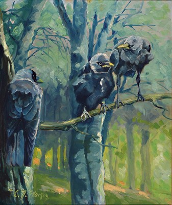 C.J. Hacker, deutscher Tiermaler des frühen 20. Jh., 3 Rabenvögel auf einem Ast, Öl/Masonit, links unten signiert, 58x48 cm, Rahmen 76x68 cm