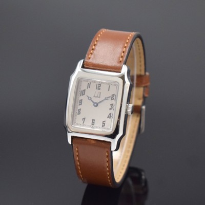 DUNHILL Mechanical rechteckige Armbanduhr in Stahl, Schweiz um 2005, Handaufzug, 4-fach verschr. Geh., silb. Zifferbl., arab. Zahlen, rhod. Werk Kal. ...