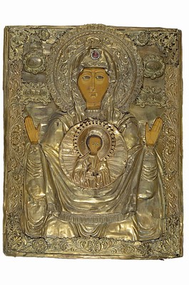 Ikone, Russland, 19.Jh., Maria Orans mit Christus im Clipeus, bzw. Gottesmutter des Zeichens von Novgorod, Tempera auf Holz, Messingoklad, besch., ...
