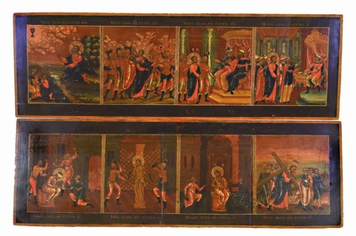 Festtagsreihe in Form zweier Quadriptychons, Russland, 19.Jh., 8 der 12 Hochfeste der Ostkirche, Tempera auf Holz, Alterssp., rest.,je 26x80 cm