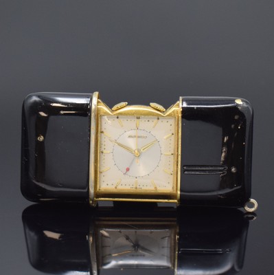 MOVADO Ermetophon vergoldeter Taschenwecker, Schweiz um 1950, Schiebeaufzug, verg. Geh. m. aufstellbarem Bügel, Kapsel später schwarz lackiert, ...