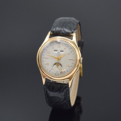 TITUS vergoldete Armbanduhr mit Vollkalender Kaliber Venus 203, Schweiz um 1955, Handaufzug, Stahlboden aufgedr., Korrekturdr. seitl. im Geh. ...