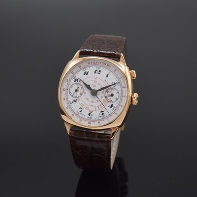 Früher Eindrücker-Herrenchronograph mit Schaltrad Kaliber 15GHT in RG 585/000, Schweiz m 1920, Handaufzug, 3-teil. kissenförm. Geh., Boden u. ...