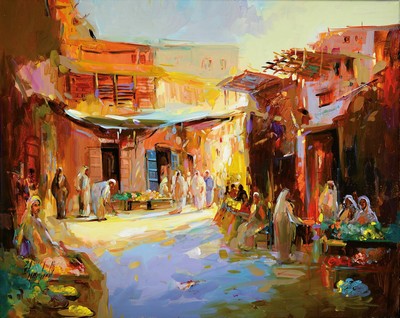Abbas Al-Mosawi, geb. 1952, Soukszene/ orientalischer Markt im Abendlicht, reiche Figurenstaffage mit Händlern und Besuchern im Gespräch, li. u. ...
