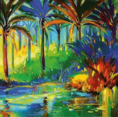 Abbas Al-Mosawi, geb. 1952, "Palmenszene", Acryl/Lwd, verso sign., ca. 100x100 cm, Abbas Al-Mosawi ist einer der bekanntesten ...