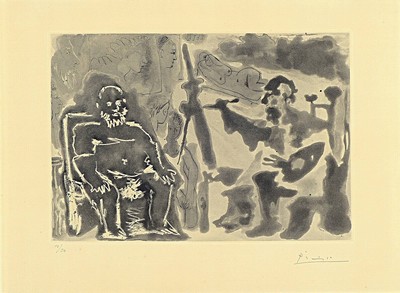 Pablo Picasso, 1881-1973, Aquatinta und Kaltnadelradierung auf Richard DeBas Papier,"Peintre avec modele barbu assisune Chaise", 1963, die ...