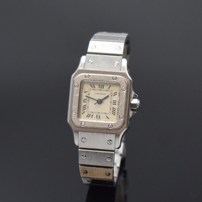 CARTIER Santos Damenarmbanduhr in Stahl, Schweiz um 1990, Automatik, Boden u. Lünette 8-fach verschr., Gliederband m. Faltschl., Schmuckkrone ...