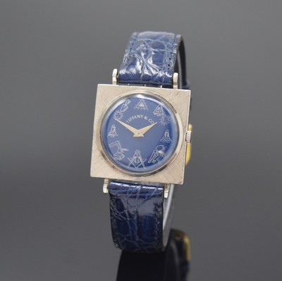 JULES JÜRGENSEN Armbanduhr in WG 750/000, Schweiz 1960er Jahre, Handaufzug, strukt. Geh., Boden aufgedr., blaues Zifferbl. mit Freimaurersymbolik ...