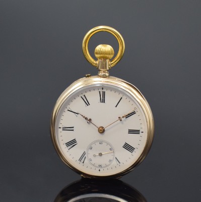 Offene Herrentaschenuhr in GG 585/000, Schweiz um 1900, Geh. dell., Metallcuvette, guill. Rückdeckel m. Monogrammspiegel, Emailzifferbl. m. röm. ...