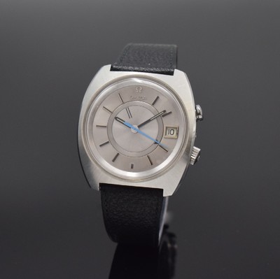 OMEGA Wecker Memomatic Referenz 166.072, Schweiz um 1972, Automatik, Stahlgeh., Boden verschr., orig. Lederband m. Dornschl., silb. Zifferbl. m. ...