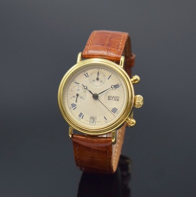 BWC vergoldete Armbanduhr mit Chronograph, Schweiz um 1985, Handaufzug, Stahlboden gedr., Lederband m. orig. Dornschl., silb. Zifferbl. m. röm. ...