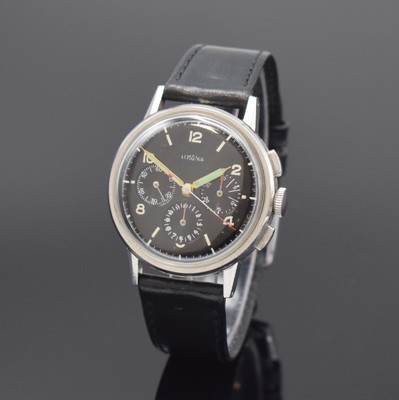 LEMANIA Schaltradchronograph in Stahl, Schweiz um 1955, Handaufzug, Boden aufgedr., schwarzes Zifferbl. rest., silb. Std.-Ind. u. arab. Zahlen, ...