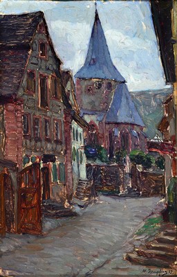 Wilhelm Hempfing, 1886 Schönau-1948 Karlsruhe, "Regenstimmung, Neckarsteinach" so auf altem Etikett bez., Öl/Malkarton, rechts unten ...