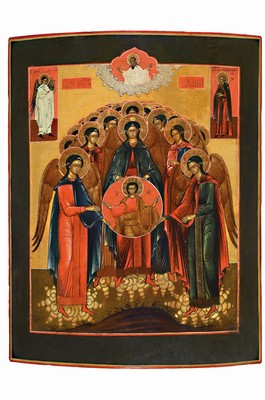 Große Ikone, Russland, Ende 19.Jh., Tempera auf Holz, wohl Himmelfahrt Christi, Christus im Clipeus umgeben von einer Engelsschar, goldgehöht, ...