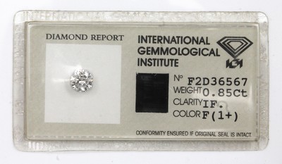 Loser Brillant, 0.85 ct feines Weiß (F)/lupenrein, lt. IGI Report 08/1995, verschweißt