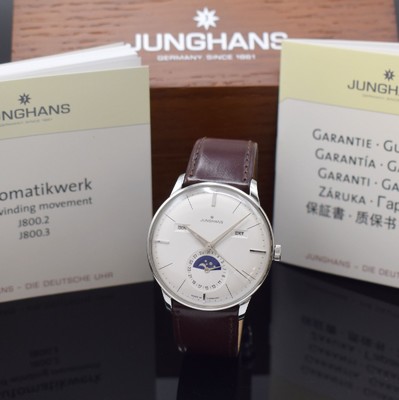 JUNGHANS Meister Kalender Herrenarmbanduhr Referenz 027/4200, Automatik, beids. vergl. Edelstahlgeh. inkl. orig. Lederband m. orig. Dornschl., Boden ...