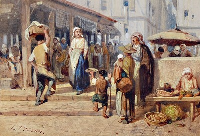Louis Tesson, 1820-1870, Markttreiben in einer südlichen Stadt, Aquarell auf Papier, links unten signiert, ca 18x25cm, PP, u.Gl., R. ca. 40x48cm