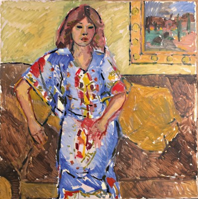 Gernot Kissel, 1939-2008 Worms, Porträt einer jungen Frau auf einem Sofa sitzend, seitlich dahinter ein Landschafts- Gemälde, Öl/Lwd, unsigniert, ...