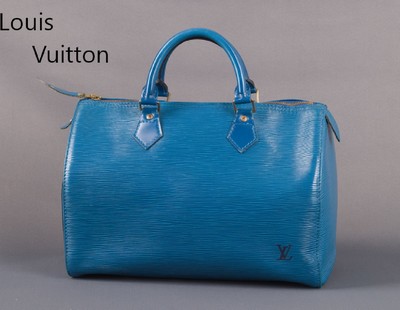 Louis Vuitton Speedy 30 Epi Leder, um 1994,blaues Leder, Monturen und Beschläge Metall verg.,innen grünes Wildleder, 2 Tragehenkel, großes ...