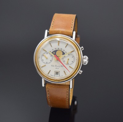 TISSOT Herrenarmbanduhr mit Chronograph und Mondphase, Schweiz um 1985, Handaufzug, Stahlgeh., Boden gedr., verg. Lünette, silb. Zifferbl. m. ...