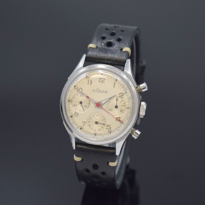 LeCoultre Herrenarmbanduhr mit Chronograph Kaliber Valjoux 72 in Stahl, Schweiz um 1959, Handaufzug, 2-teil. Geh., Boden m. Widmung verschr., silb. ...