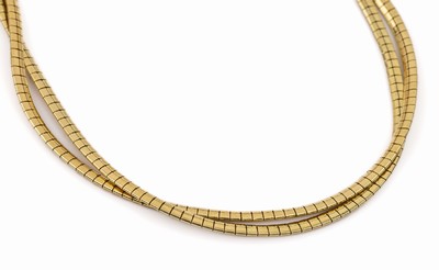 14 kt Gold Collier, GG 585/000, 2-rhg., in sich verschlungen, L. ca. 44 cm, ca. 28.2 g, Kastenschloss mit Sicherheitsacht