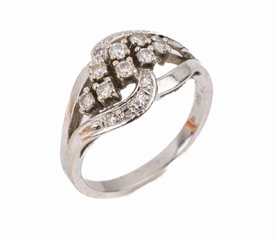 14 kt Gold Diamant-Ring, WG 585/000, asymm. Ringschiene, 8 Brillanten und 8 Diamanten an der Ringschultern zus. ca. 0.42 ct Weiß/si, RW 54, ca. 3.9 ...