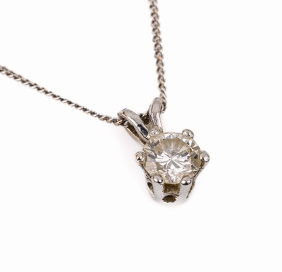8 kt Gold Brillant-Anhänger, WG 333/000, Brillant ca. 0.35 ct Weiß/p1, an WG 585/000 Kette, L. ca. 44.5 cm, ca. 1.7 g