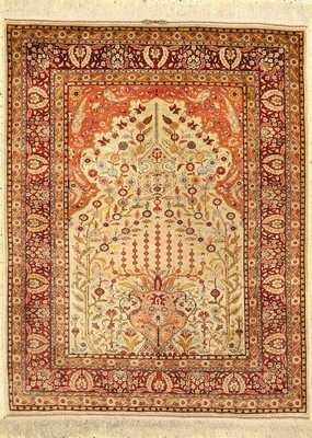 Hereke Seide fein signiert, Türkei, um 1950, reine Naturseide, ca. 130 x 100 cm, ca. 1,0 Mio. Kn/qm, EHZ: 2, (ausgebesserte Risse)