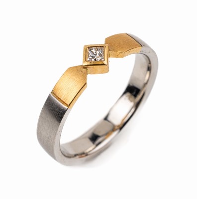 Platin-Diamant-Ring, Platin 950/000 und GG 900/000, Princess Cut-Diamant ca. 0.08 ct Weiß/si, RW 54, ca. 6.4 g