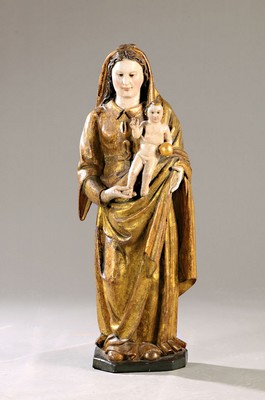 Heiligenskulptur Maria mit Kind, süddeutsch, um 1580-1620, Lindenholz geschnitzt, unterer Teil u. Jesuskind um 1830-60 überschnitzt u. neu gefaßt, ...