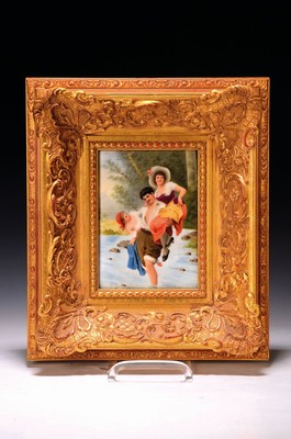 Porzellangemälde/Bildplatte, wohl Thüringen, um 1900, Le Passeur, handbemalt, auf Porzellanplatte, ca. 18 x 14 cm Rahmen erneuert