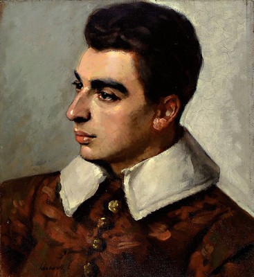 E. Leonhard, Maler des frühen 20.Jh., Porträt eines jungen Mannes in roter Jacke, Dreiviertelprofil, Öl/Lwd, li. u. signiert, rest., ca. 44 x 40 ...