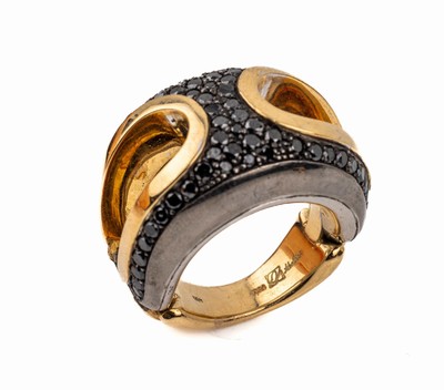 18 kt Gold Designer Diamant-Ring, GG/WG 750/000, WG geschwärzt, Atelieranfertigung, 63 schwarze Diamanten (beh.) zus. ca. 1.56 ct,ca. 29.2 g, RW 54