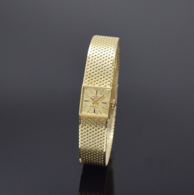 PREDIAL Lady Damengoldbanduhr in GG 585/000, Schweiz um 1965, Handaufzug, 2-teil. Gehäuse, Boden aufgedr., Milanaiseband, gold. Zifferbl. m. aufges. ...