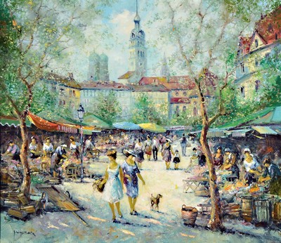 Christian Jereczek, 1935 Berlin-2013 Heideck , Studium in Berlin, Dresden u. Wien, Ansicht des belebten Viktualienmarkt in München, Öl/Lwd, links ...