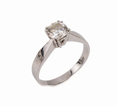 14 kt Gold Brillant-Ring, WG 585/000, Brillant-Solitär ca. 0.95 ct feines Weiß/vvs, ca. 3.3 g, RW 57