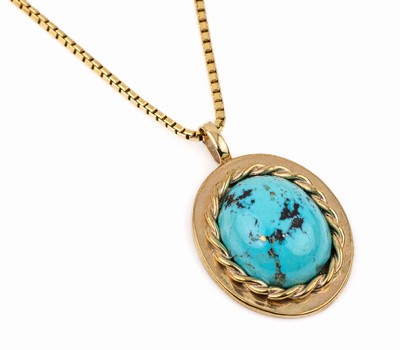8 kt Gold Türkis-Anhänger, GG 333/000, Turkismatrixcabochon, Kordelverzierung, L. ca. 4 cm, rücks. verbödet, an GG 585/000 Kette, L. ca. 65 cm, ...